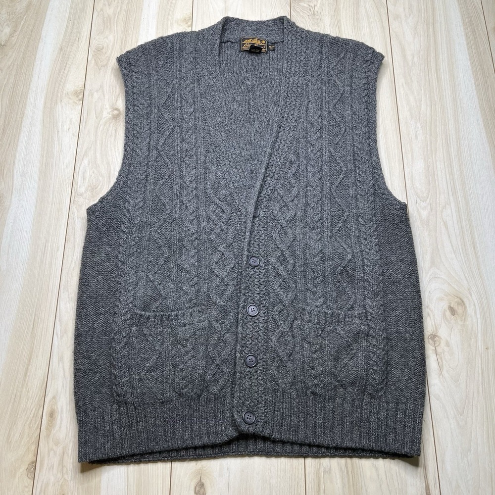 Eddie Bauer 100% Wool Cable Knit Sweater Vest Heather Gray USA Mens Size XL